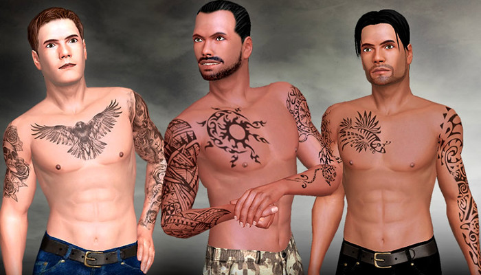 Three shirtless male avatars displaying chest tattoos.