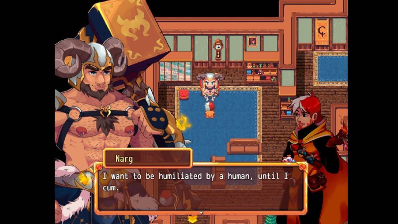 Pixel-art RPG dialogue scene in a fantasy tavern — Bara Giants – Society of Pleasure screenshot.