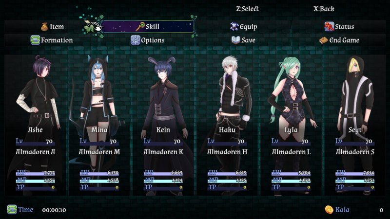 RPG character roster showing dark fantasy male and female adventurers — Euclyca screenshot.