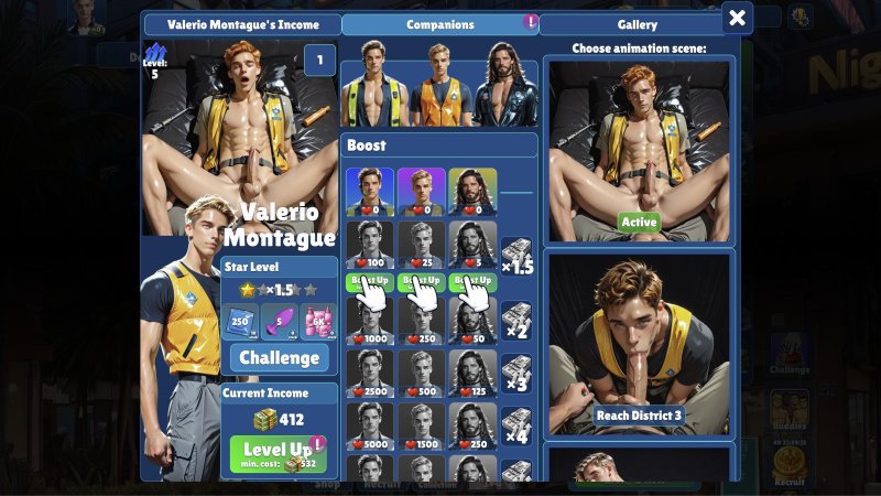 Character recruitment gallery featuring adult male performers — Idle Studs screenshot.