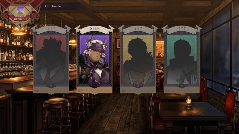 Illustrated fantasy tavern interior and character selection scene — Norn's Dine screenshot.