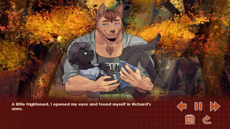 Male furry visual-novel character reading outdoors in autumn — Run, Kitty! screenshot.