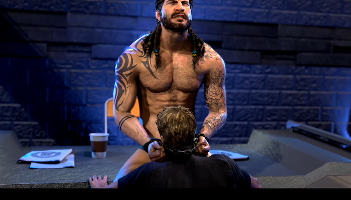 Male avatars interacting in a dark interior setting.